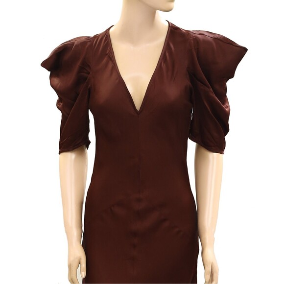 The Great Brown Long Maxi Dress Short Puff Sleeve Ruffle Festive S-1 NWD 278045 - Picture 2 of 7